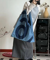 Retro Blaue Patchwork Denim Einkaufstasche mit Buchstabendruck